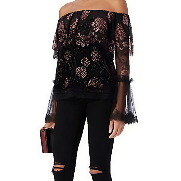 ALEXIS INTERMIX "LAURENA" BLACK LACE PINK FLORAL OFF SHOULDER BOHO TOP BLOUSE M - Picture 1 of 16